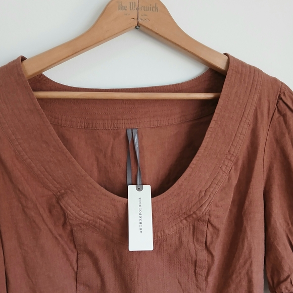 Anthropologie-Linen Blend-Scoop Neck-Puff Sleeve-Crop Corset-Rust-Size M-NWT - Picture 6 of 12